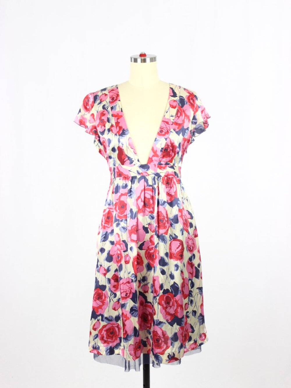 FREE PEOPLE Pink Floral 100% Silk Charmeuse Plunge Neck A-Line Wrap Dress Size 8